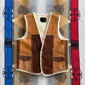 1970s Genuine Leather Shearling-Style Cowboy Button Western Tan Vest Size Medium